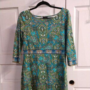 Talbots Dress Colorful Blue Green Paisley Sheath Dress 3/4 sleeve size 10